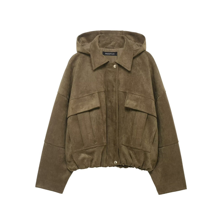 Damska oversize-krótka Suede Look kurtka z kapturem i klapką kieszeniami Lumaza