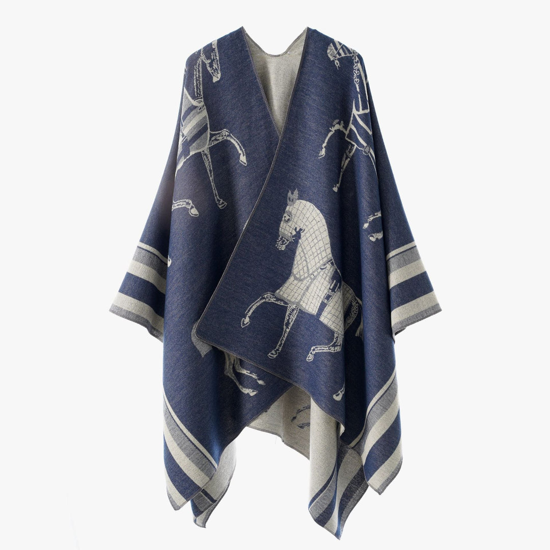 Damskie Jacquard Poncho Wrap z Horse Motif i Boxy Kimono Sylwetka