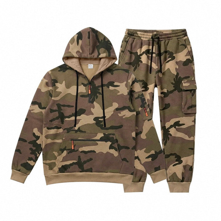 Męska Camouflage Bluza z kapturem Bluza i Jogging Spodnie Set z Cargo Kieszenie i Zippers
