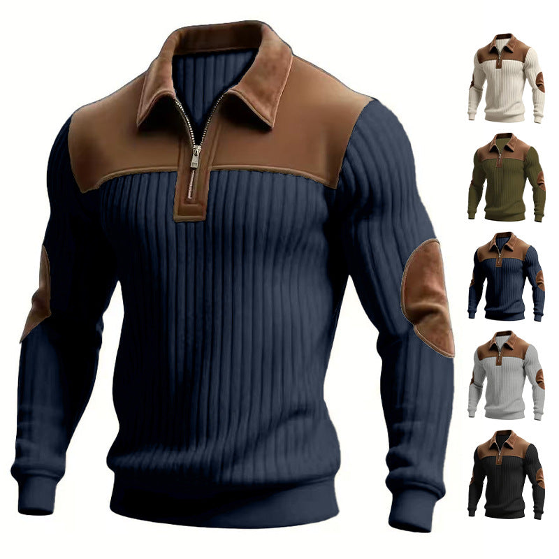 Męska prążkowany krótki zamek pulower z contrasting skóra appliqués na shoulders i elbows