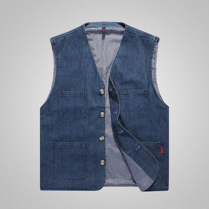 Męski Bez rękawów Utility Płótno Kamizelka z V-Neck, Guzik Placket, i Naszywane kieszenie