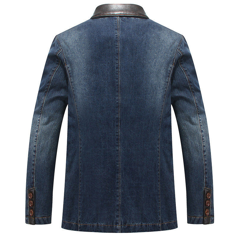 Męski Elegancki Denim Blazer Styl Kurtka z Imitacja skóry Trim i Paisley Podszewka