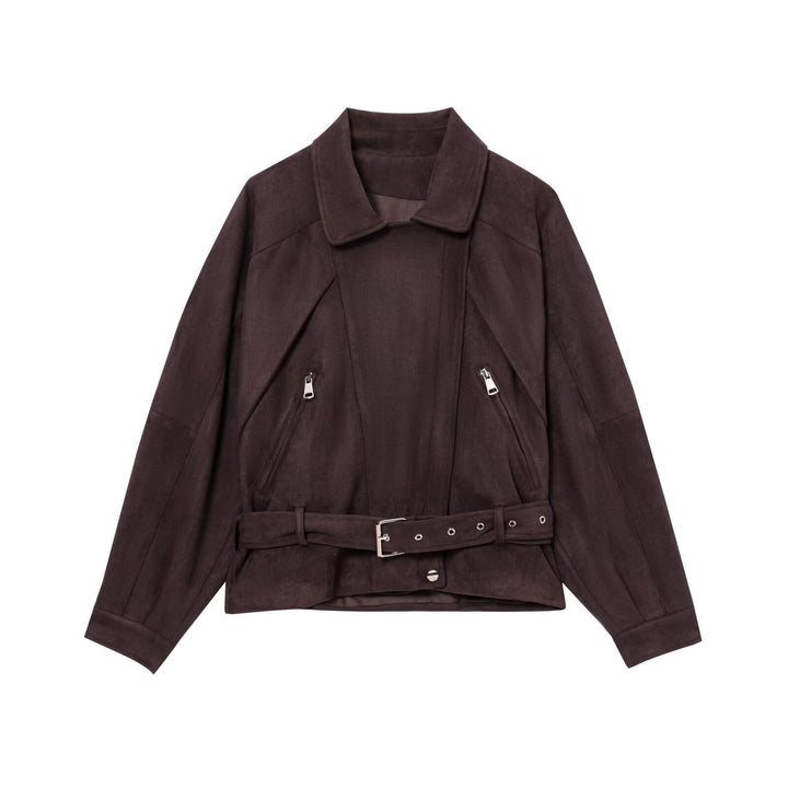 Damska krótka kurtka in biker styl made of suede look z waist paskiem Lumaza