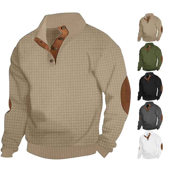 Męska waffle structure troyer z Stójka, Listwa guzikowa i nappa skóra elbow patches
