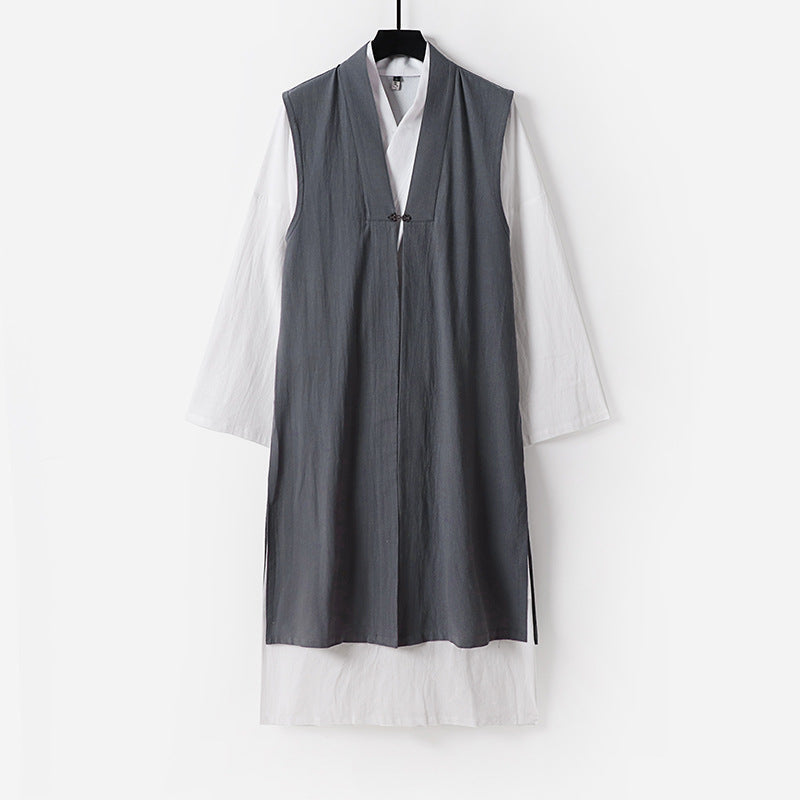 Damska długa bez rękawów kimono kamizelka z Minimalist Lines i Decorative Toggle Closure Lumaza