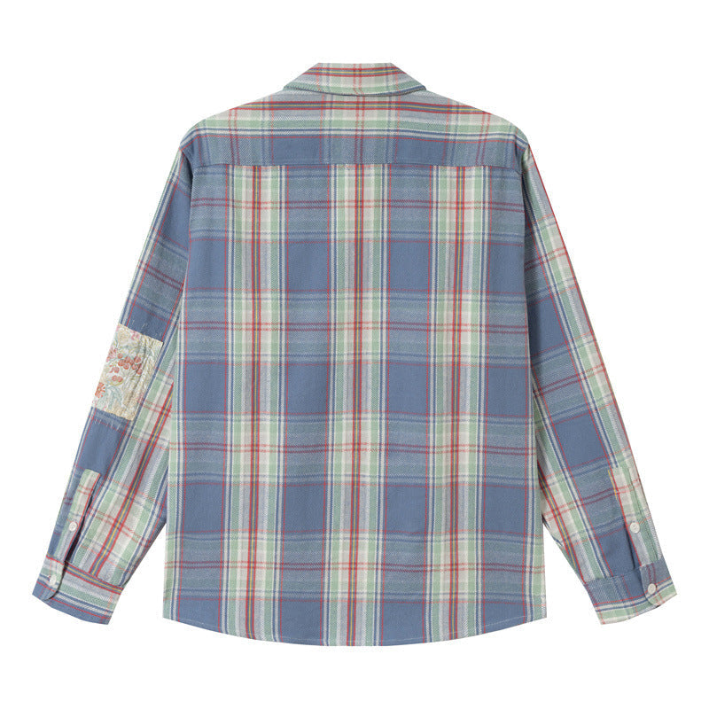 Unisex Oversize Kurtka koszulowa w Vintage Kratka z Kieszenie z klapkami i Rękaw Patch