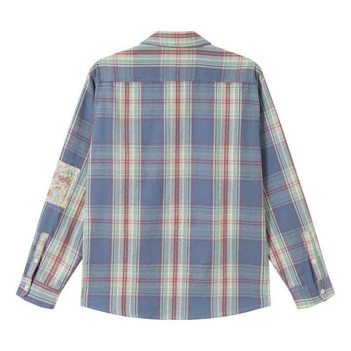 Unisex Oversize Kurtka koszulowa w Vintage Kratka z Kieszenie z klapkami i Rękaw Patch