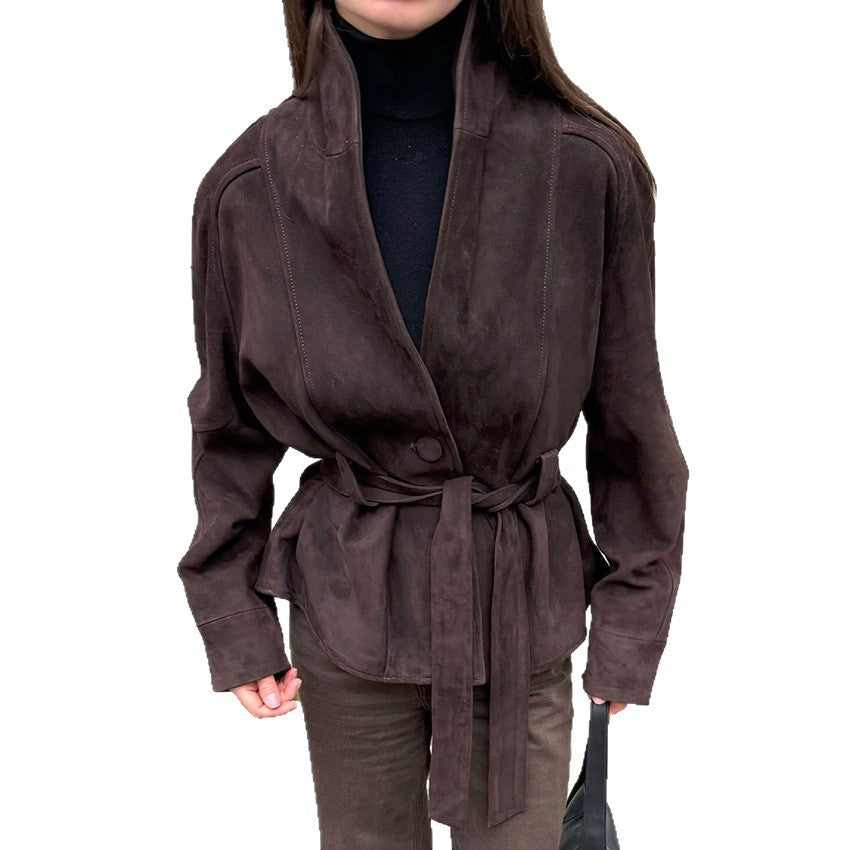Damska welurowa Leather kurtka z Shawl kołnierzem i wiązanym paskiem Lumaza