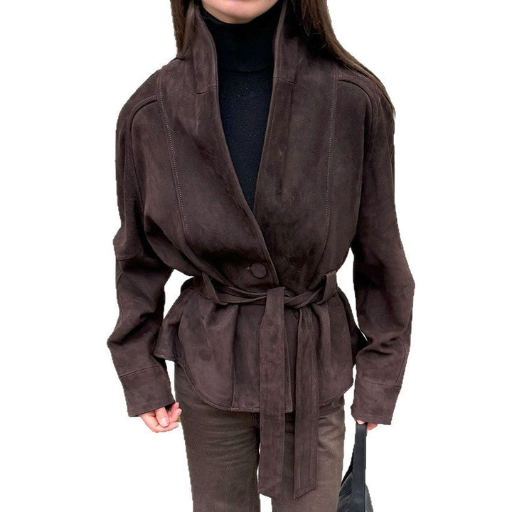 Damska welurowa Leather kurtka z Shawl kołnierzem i wiązanym paskiem Lumaza