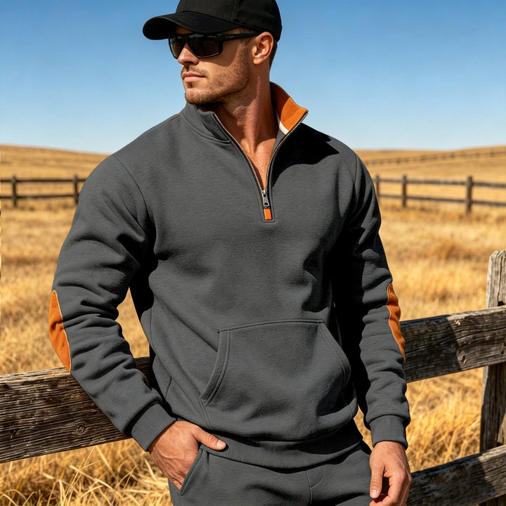 Męska Athletic Krótki zamek Bluza z Elbow Patches i Kieszeń kangurka