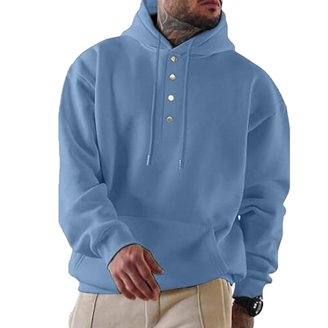 Męska bluza z kapturem z Henley Listwa guzikowa i kieszeń kangurka EB