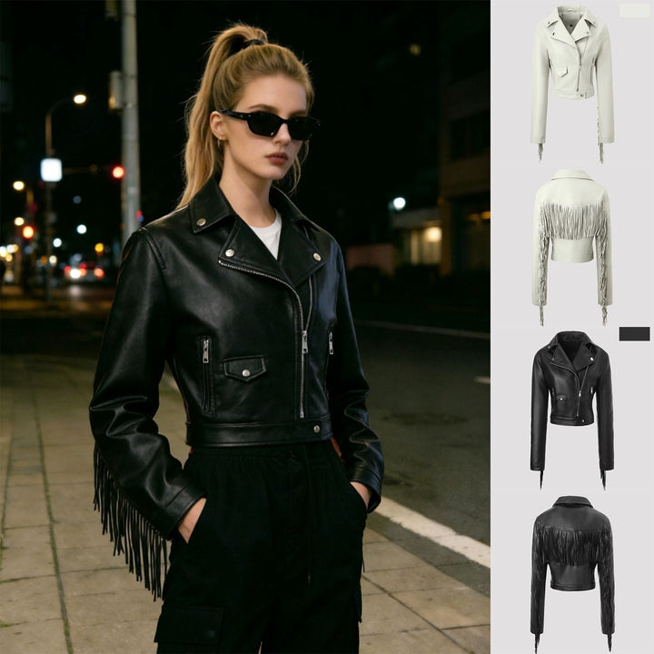 Damska krótka dopasowana biker kurtka made of artificial leather z fringes on the rękawami i asymmetric zamkiem błyskawicznym Lumaza