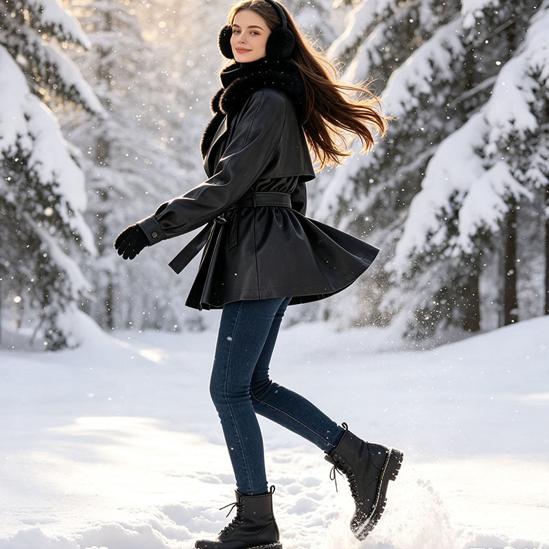 Damska krótka płaszcz made of imitacja skóry z removable faux fur kołnierzem i waist paskiem Lumaza
