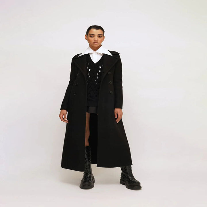 Damska elegancka Floor-Length mieszanka wełny długa płaszcz in Clean-Cut podwójna dwurzędna z Textured na ramiona Part Lumaza