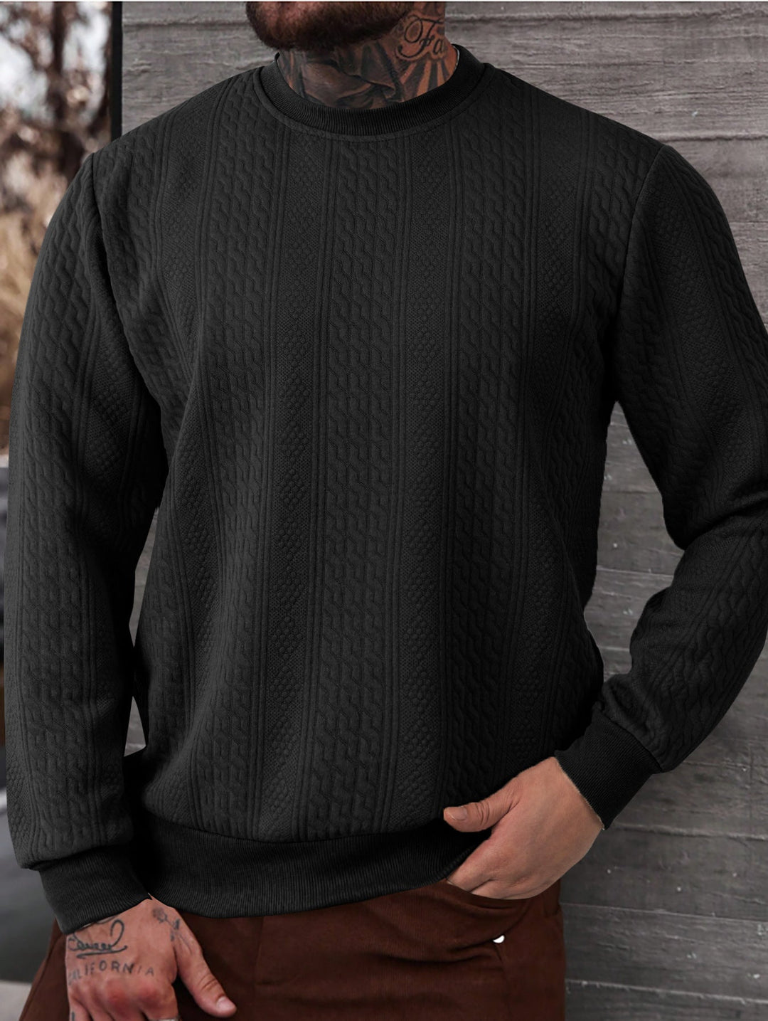 Męska textured okrągły dekolt bluza z delikatna waffle structure i prążkowane mankiety