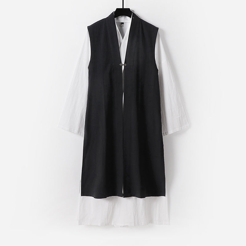 Damska długa bez rękawów kimono kamizelka z Minimalist Lines i Decorative Toggle Closure Lumaza