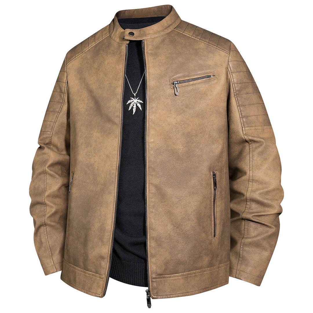 Męska biker kurtka z imitacja skóra z stójką i pikowana shoulder