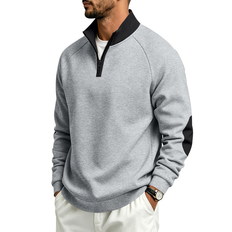 Męska bluza z krótki zamek, kontrastowy Kołnierz i elbow patches