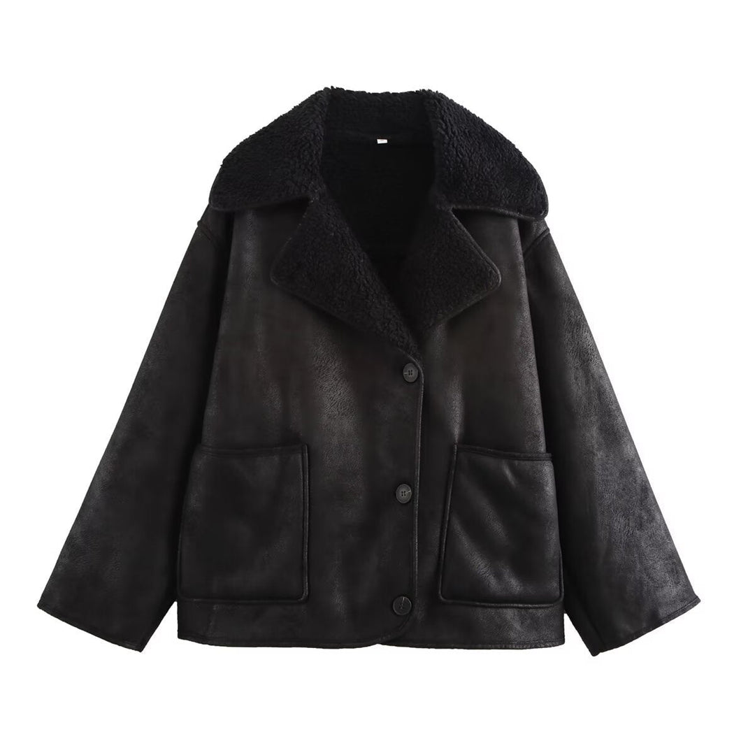Damskie Krótka Lambskin Wygląd Kurtka w Boxy Krój z Kołnierz szalowy i Naszywane kieszenie
