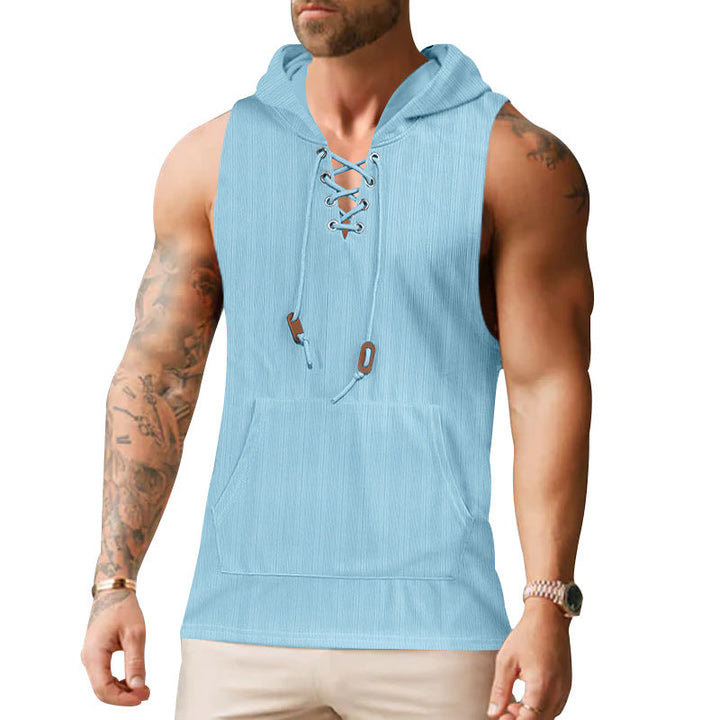 Męskie sleeveless bluza z kapturem bluza z laced Kołnierz i kieszeń kangurka