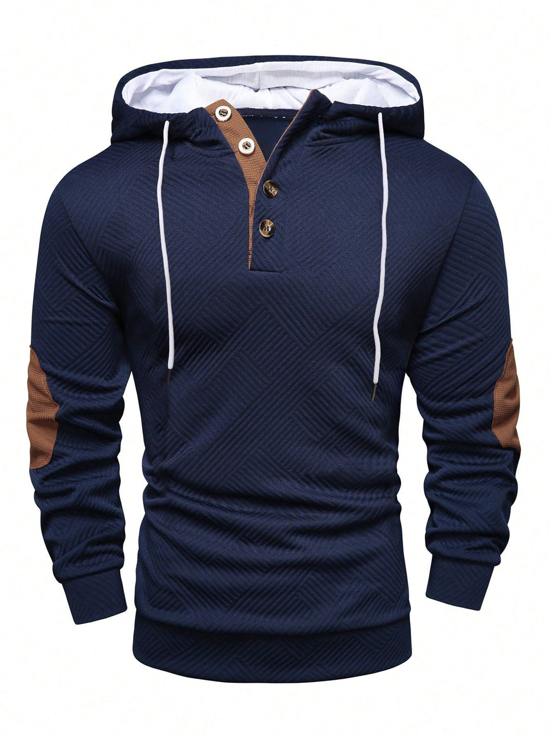 Męska strukturalny bluza z kapturem w Henley Styl z kontrastowy wykończenie i elbow patches
