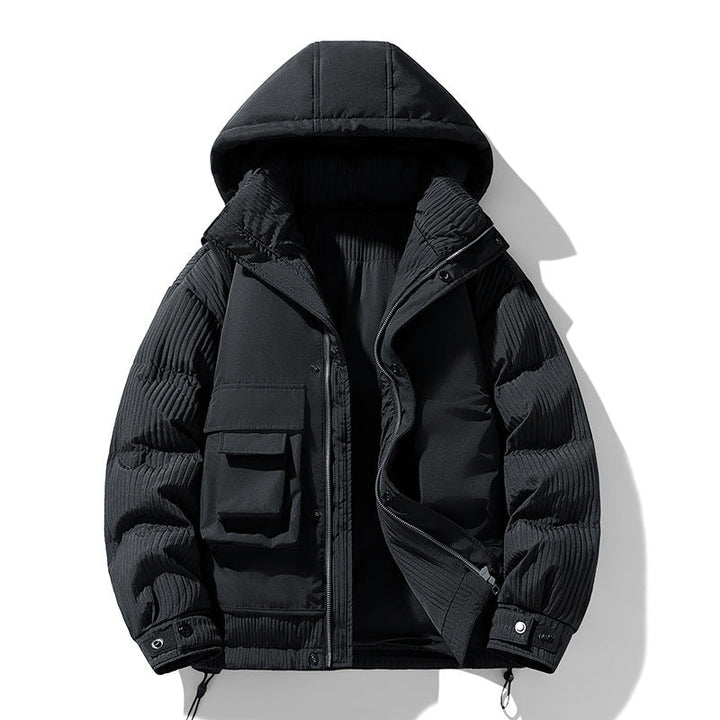 Kurtka ocieplana męska z kapturem, z praktycznymi kieszeniami - z poliestru na chłodne dni