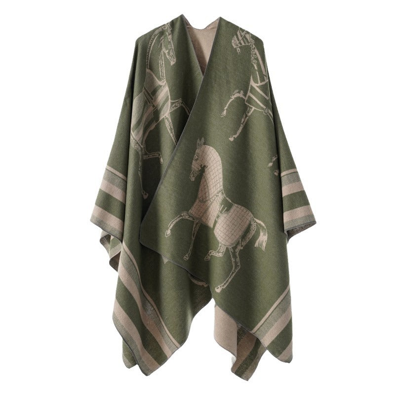 Damskie Jacquard Poncho Wrap z Horse Motif i Boxy Kimono Sylwetka