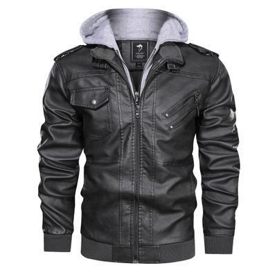 Męski imitacja skóry flight kurtka z integrated kaptur layer, zippered kieszeń na piersi, i prążkowane mankiety