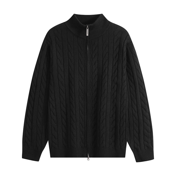 Męska Masywny Dzianina Zip-Up Kardigan z Cable Wzór, Stójka i Oversize Krój