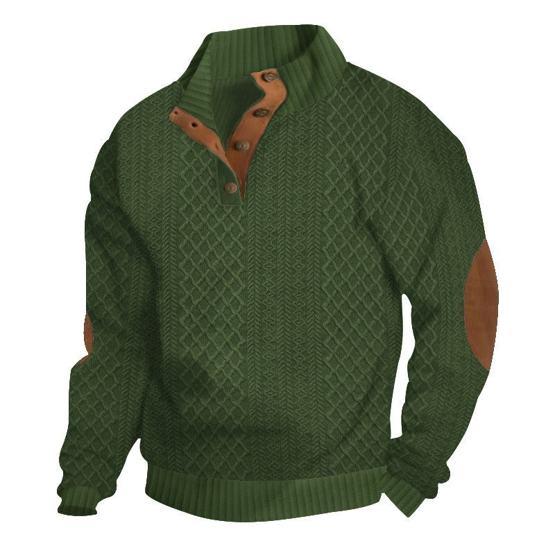 Męska Cable Dzianina Jumper z Stójka i Skóra Wygląd Elbow Patches