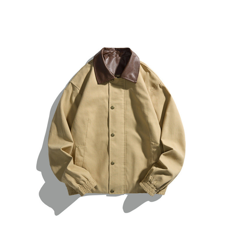 Męska krótki-cut blouson kurtka z imitacja skóra kołnierzem, zatrzask listwą guzikową, i elastycznymi mankietami