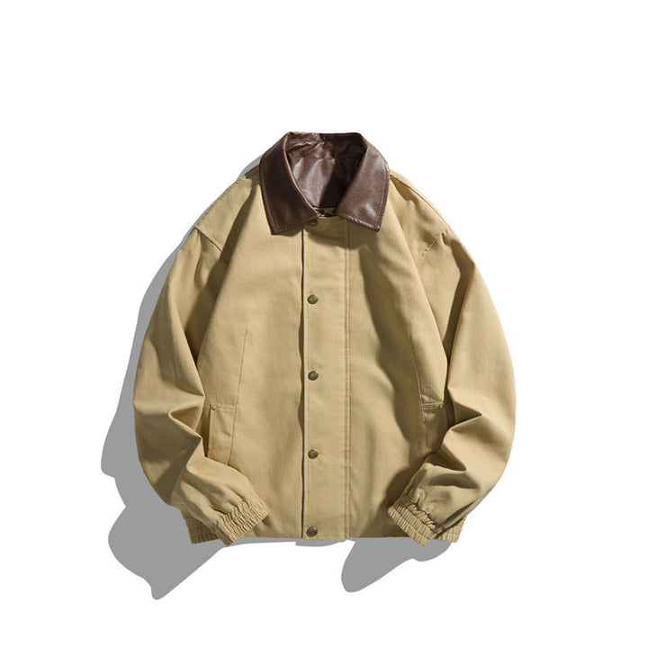 Męska krótki-cut blouson kurtka z imitacja skóra kołnierzem, zatrzask listwą guzikową, i elastycznymi mankietami