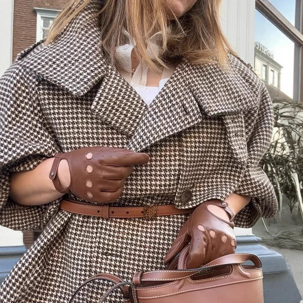 Damska oversize trencz z Houndstooth Pattern, wysoka stójka kołnierzem i na ramiona Epaulettes Lumaza