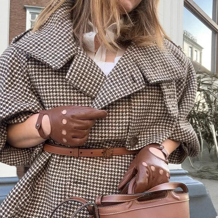 Damska oversize trencz z Houndstooth Pattern, wysoka stójka kołnierzem i na ramiona Epaulettes Lumaza