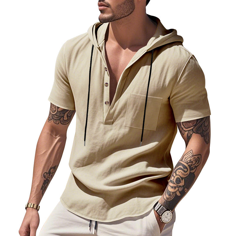 Męska Lekka krótka-sleeve z kapturem Henley wykonana z single jersey z klatka piersiowa kieszeń i kontrastowy ściągacz