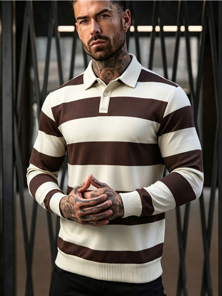 Męska striped rugby polo sweter z Listwa guzikowa i prążkowane mankiety