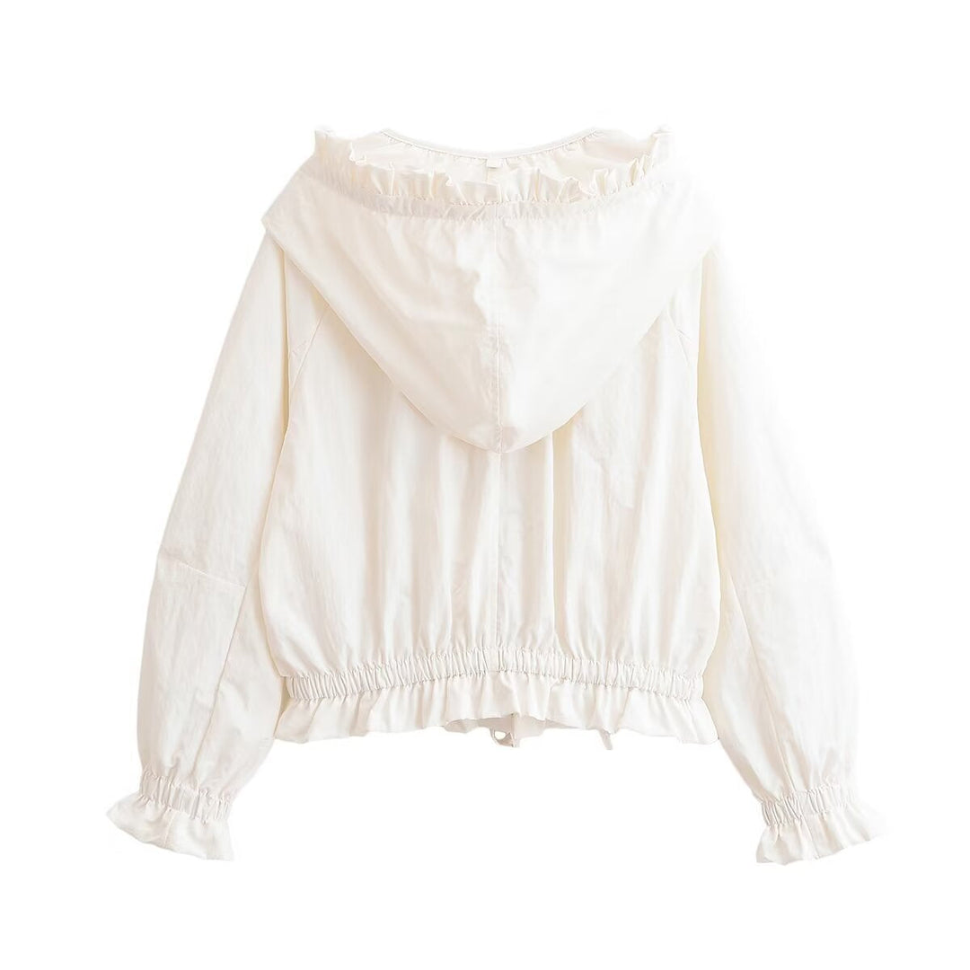 Damska lekka krótka Transitional kurtka z Ruffled kołnierzem, ściągaczem i Elastic Cuffs Lumaza