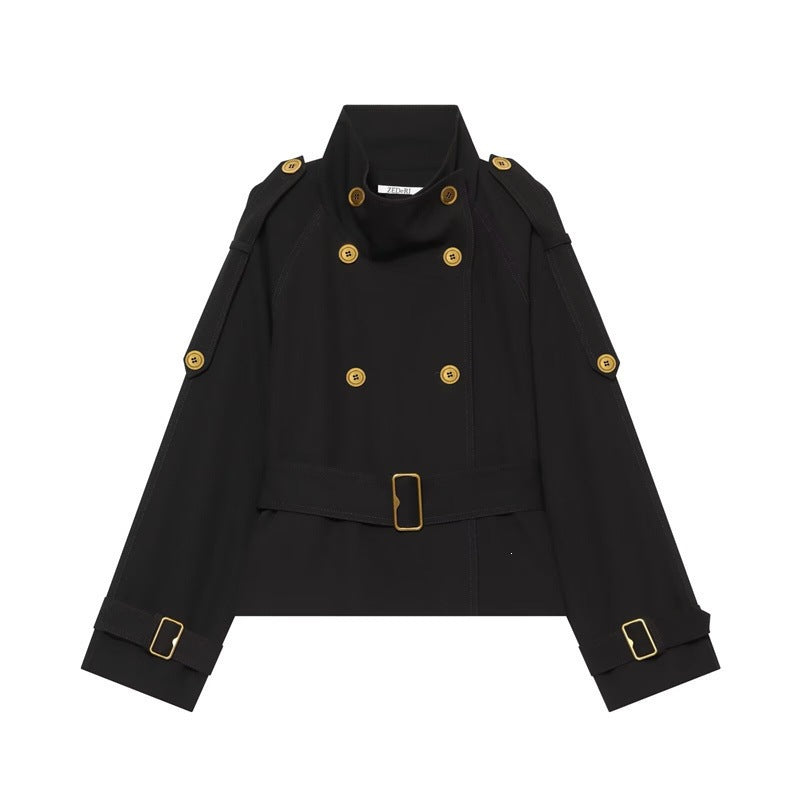 Damska krótka dwurzędna trencz z Waistpaskiem, Epaulettes i Gold-Colored Details Lumaza