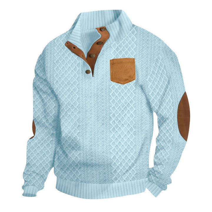 Męska Strukturalny Cable Dzianina Bluza z Half Listwa guzikowa, Imitacja skóry Patch Kieszeń &amp; Elbow Patches