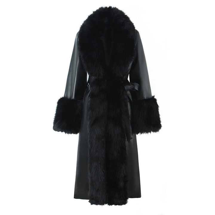 Damska długa imitacja skóry płaszcz z wide faux fur kołnierzem i cuffs Lumaza