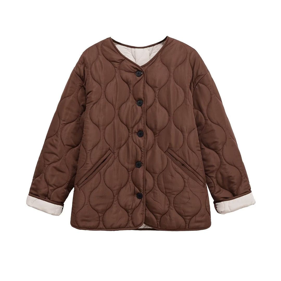 Damska kurtka pikowana z okrągły quilting, Listwa guzikowa i V-neck