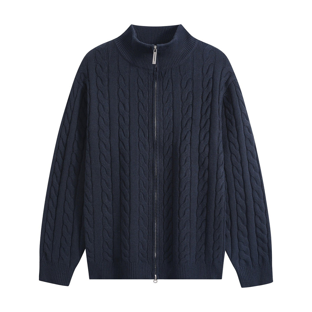 Męska Masywny Dzianina Zip-Up Kardigan z Cable Wzór, Stójka i Oversize Krój