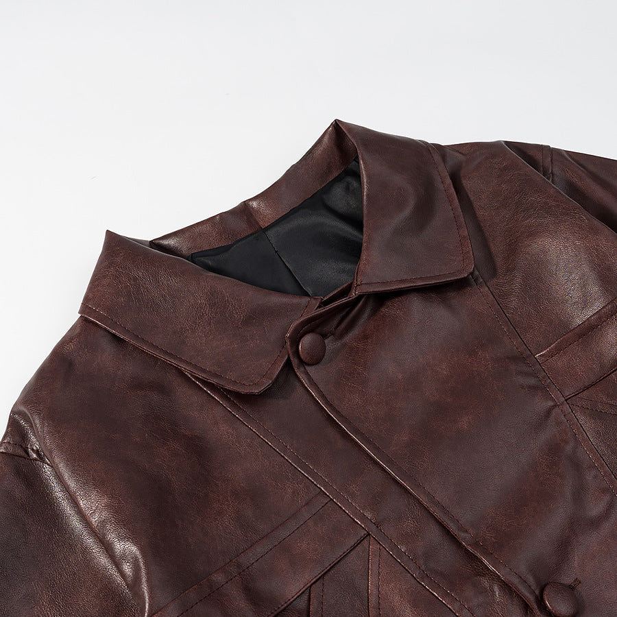 Damska krótka oversize Leather kurtka z Round kołnierzem i klapką kieszeniami Lumaza