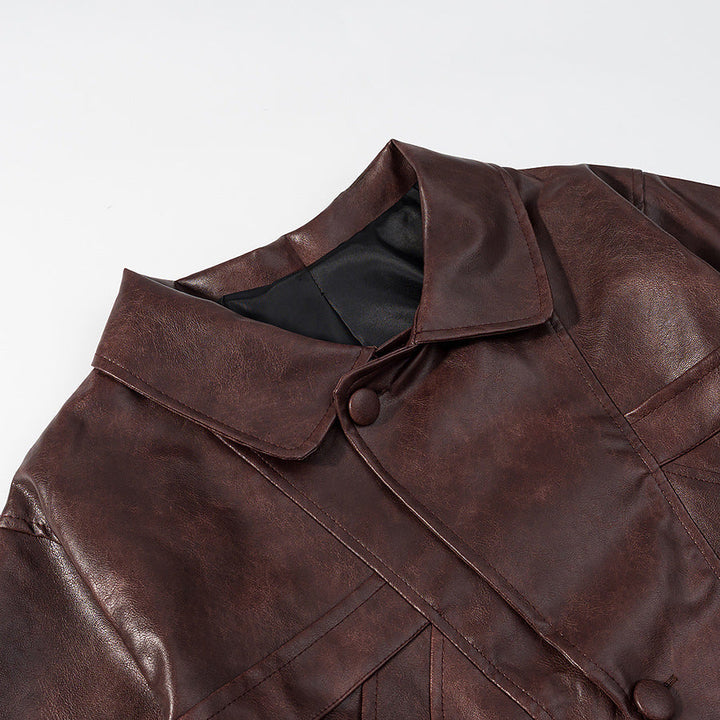 Damska krótka oversize Leather kurtka z Round kołnierzem i klapką kieszeniami Lumaza