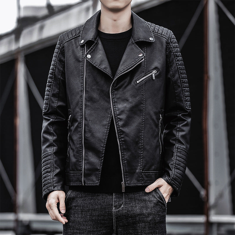 Męski imitacja skóry biker kurtka z pikowany ramienny yoke, asymmetric zamek i metal zamek