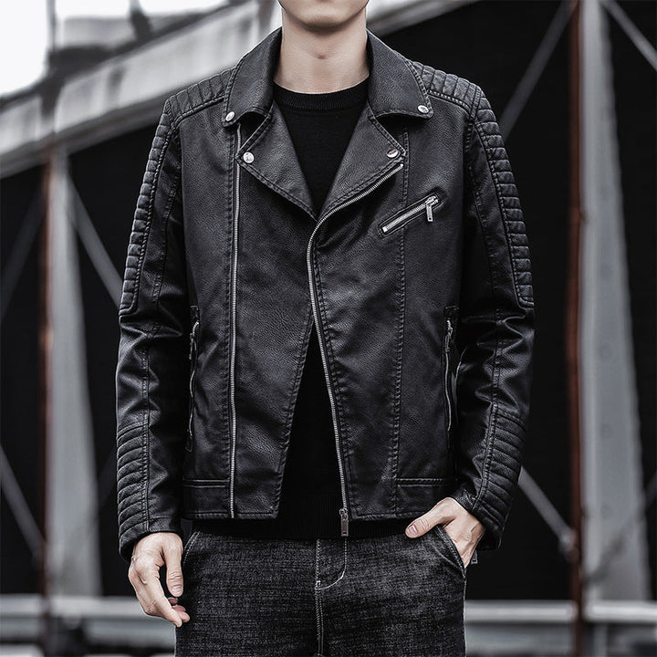 Męski imitacja skóry biker kurtka z pikowany ramienny yoke, asymmetric zamek i metal zamek
