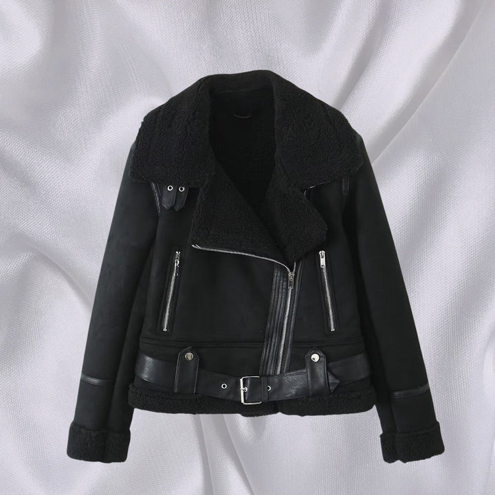 Damska Krótka Krój Lambskin Imitation Biker Kurtka z Asymmetric Zamek, Pasek i Teddy Podszewka