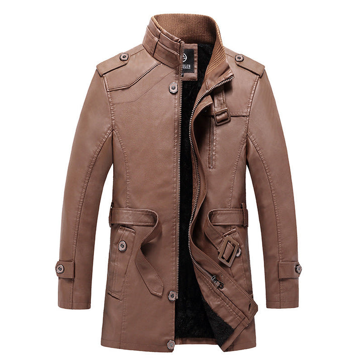 Męska Tailored skóra Trench płaszcz z Belt i dekoracyjne szwy
