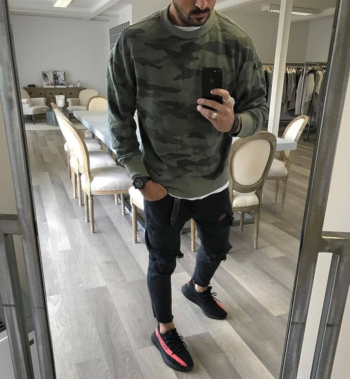Męska Oversize Camouflage Bluza z Okrągły Dekolt i Prążkowane mankiety