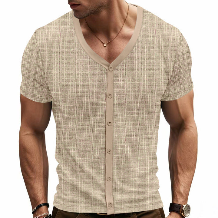 Męska krótka-sleeve delikatna dzianina kardigan z V-neck i continuous Listwa guzikowa